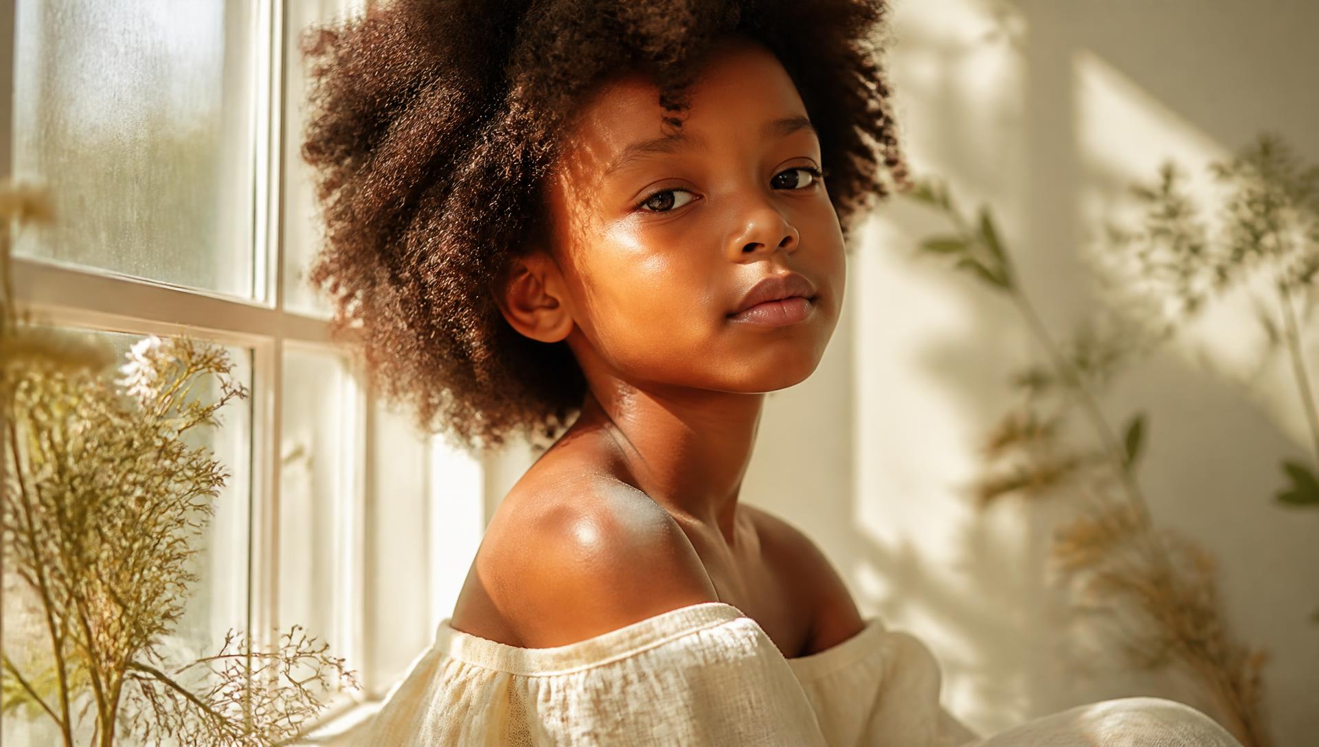 An African American child with bare, natural skin resting by a sunlit window