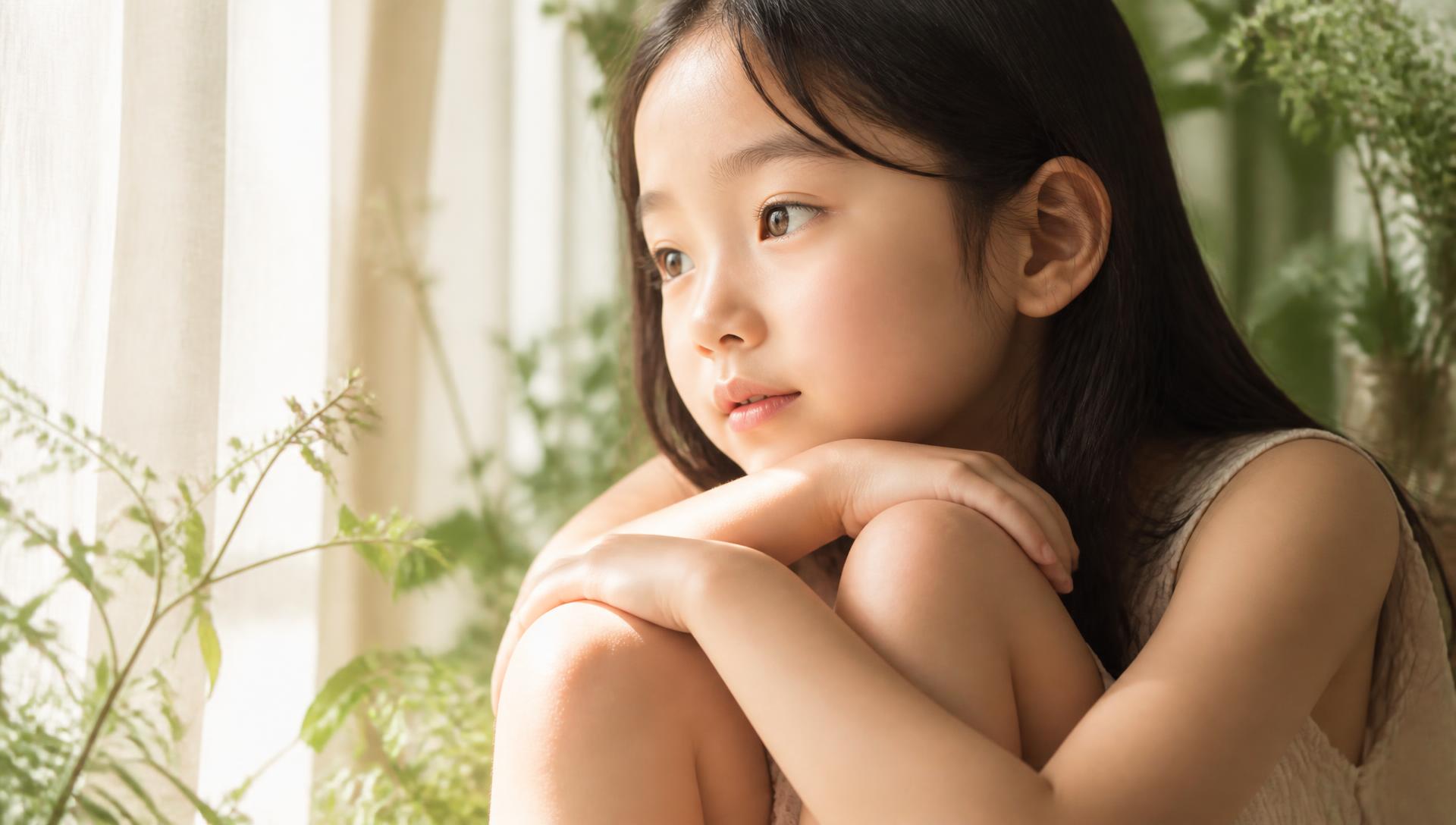 An Asian child with bare, natural skin resting by a sunlit window