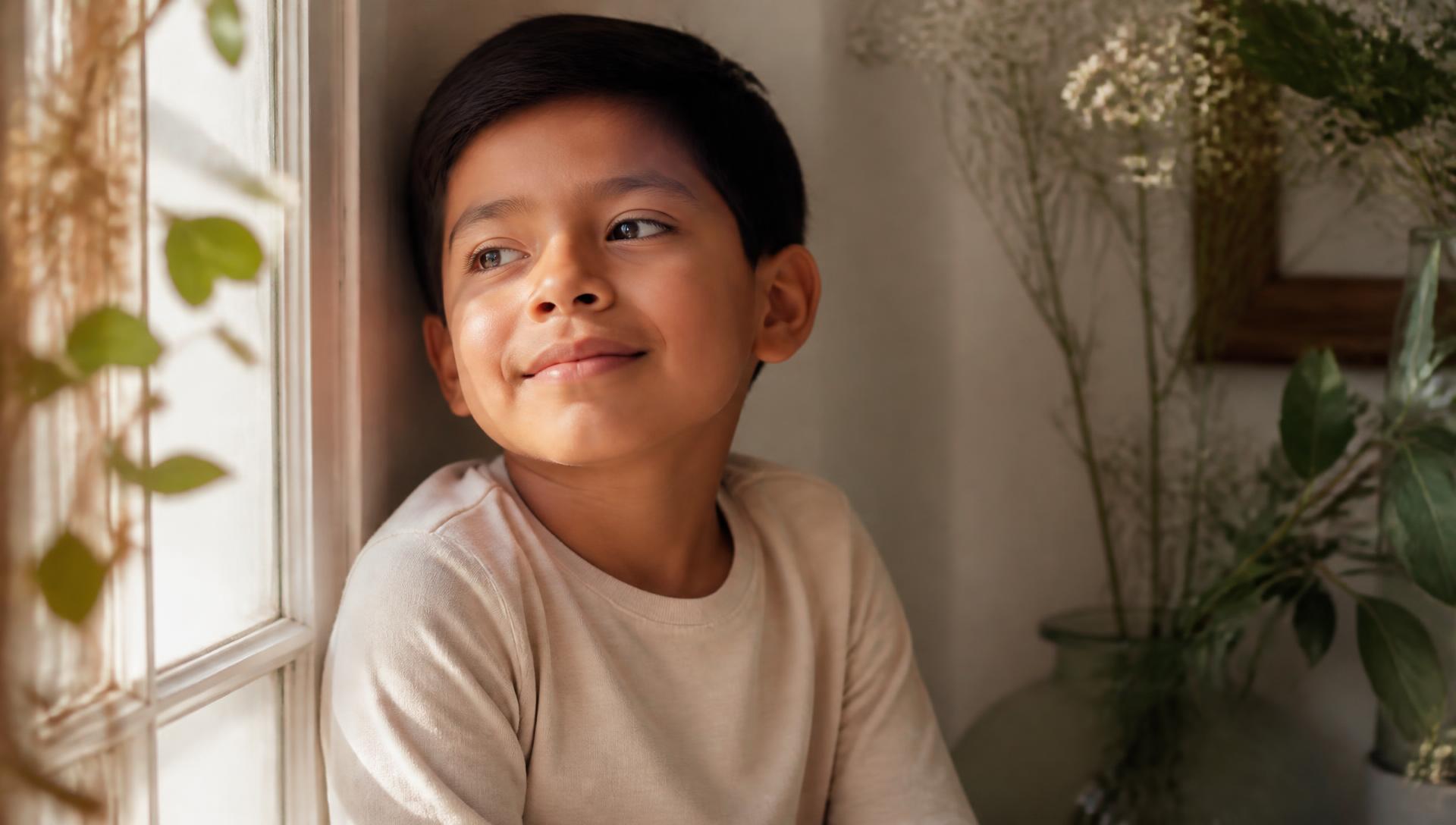 A Hispanic child with bare, natural skin resting by a sunlit window