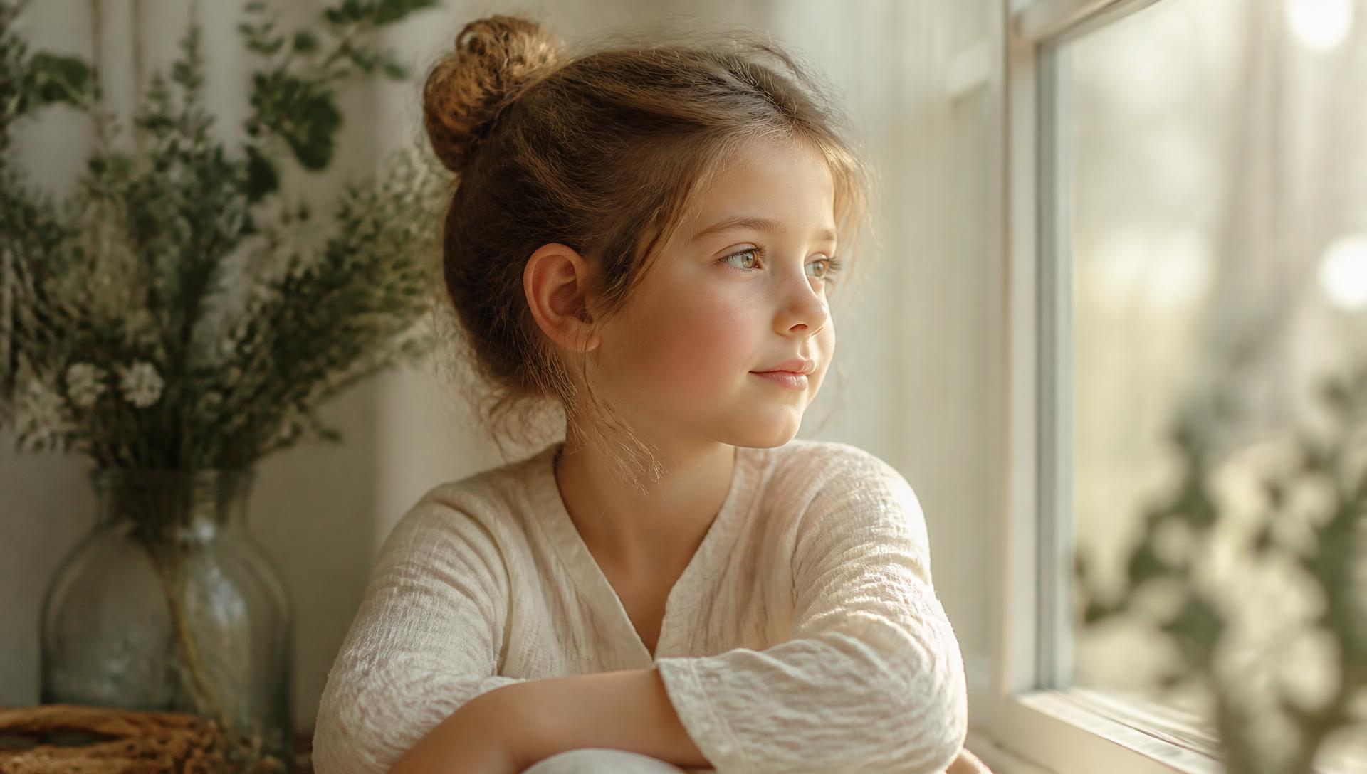 A Caucasian child with bare, natural skin resting by a sunlit window